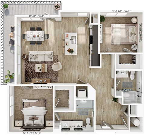 Floor plan for 2 beds, 2 baths, 1175 sqft
